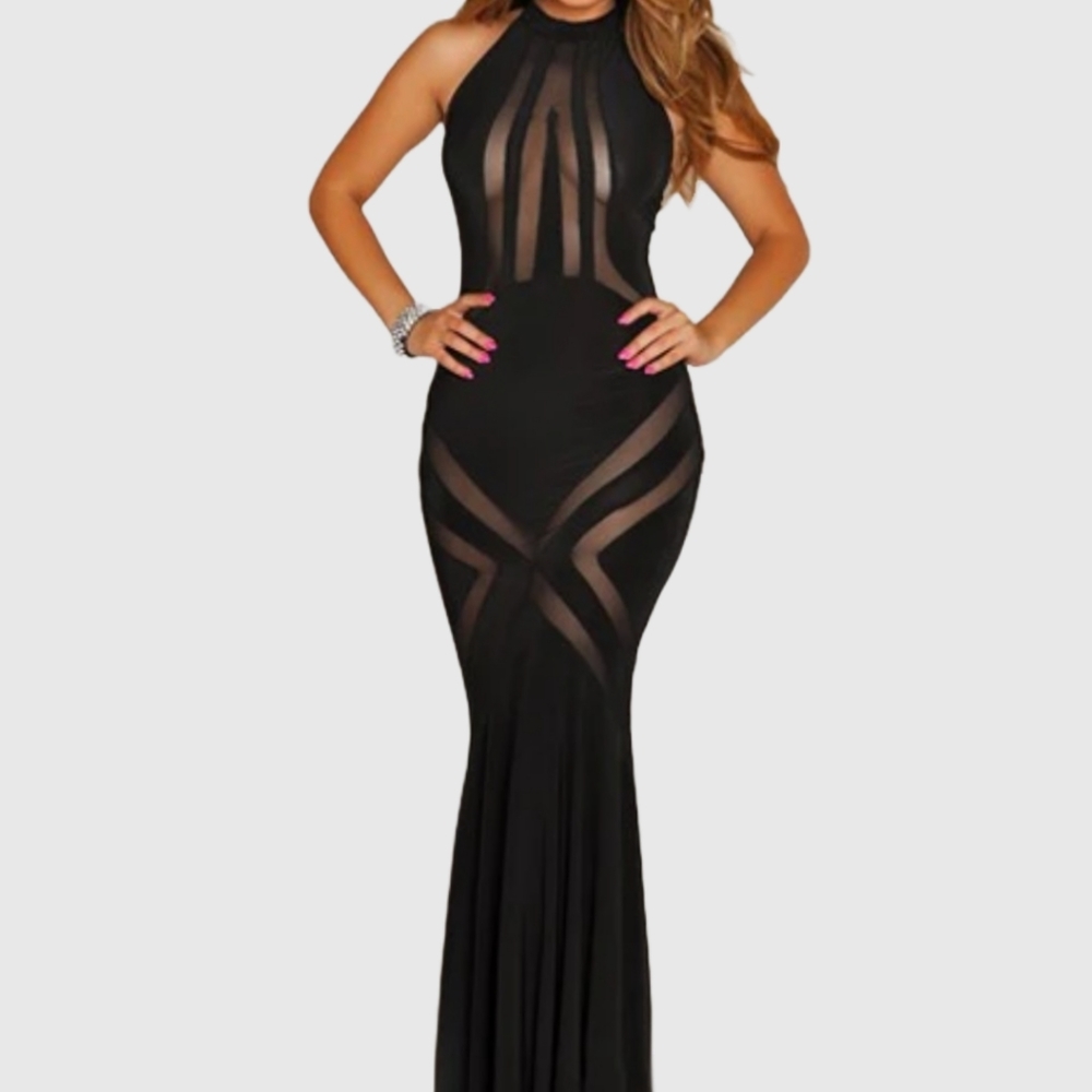 J USA Black Mesh Full Length Gown